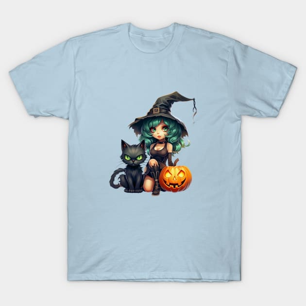 Halloween Witch Black Cat and Pumpkins T-Shirt by CoolHippoQuotes